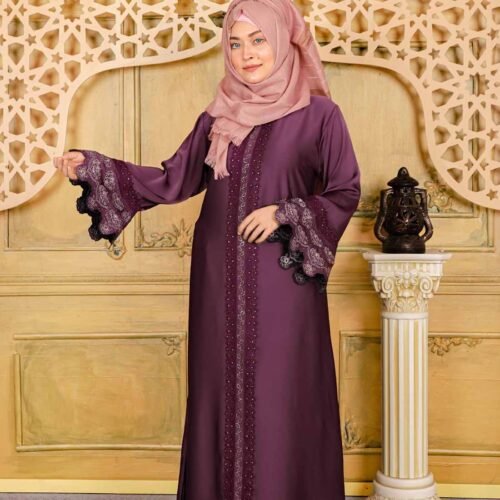 Dark Magenta Color Borka Design with Embroidery & Stone Work