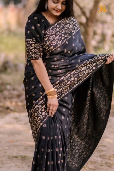 প্রিমিয়াম জাপানি সিল্ক শাড়ি + ব্লাউজ পিস Black color (RSB- 26)
