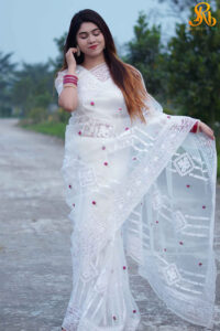 প্রিমিয়াম সাদা শাড়ী এমবোটারি এন্ড সফট সেমি-সিল্ক শাড়ি ব্লাউজ পিছ ফ্রি - (RBT-25)