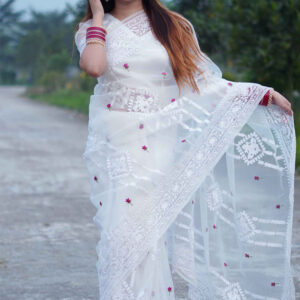 প্রিমিয়াম সাদা শাড়ী এমবোটারি এন্ড সফট সেমি-সিল্ক শাড়ি ব্লাউজ পিছ ফ্রি - (RBT-25)