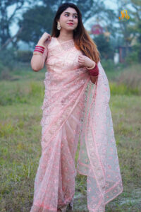 প্রিমিয়াম স্টোন ওয়ার্ক সফট সেমি-সিল্ক পিঙ্ক শাড়ি ব্লাউজ পিছ ফ্রি (RBS-24)