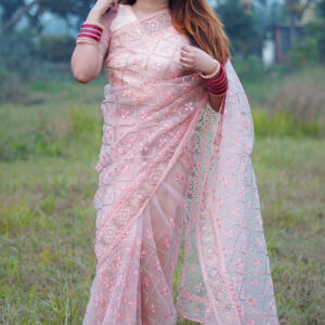 প্রিমিয়াম স্টোন ওয়ার্ক সফট সেমি-সিল্ক পিঙ্ক শাড়ি ব্লাউজ পিছ ফ্রি (RBS-24)